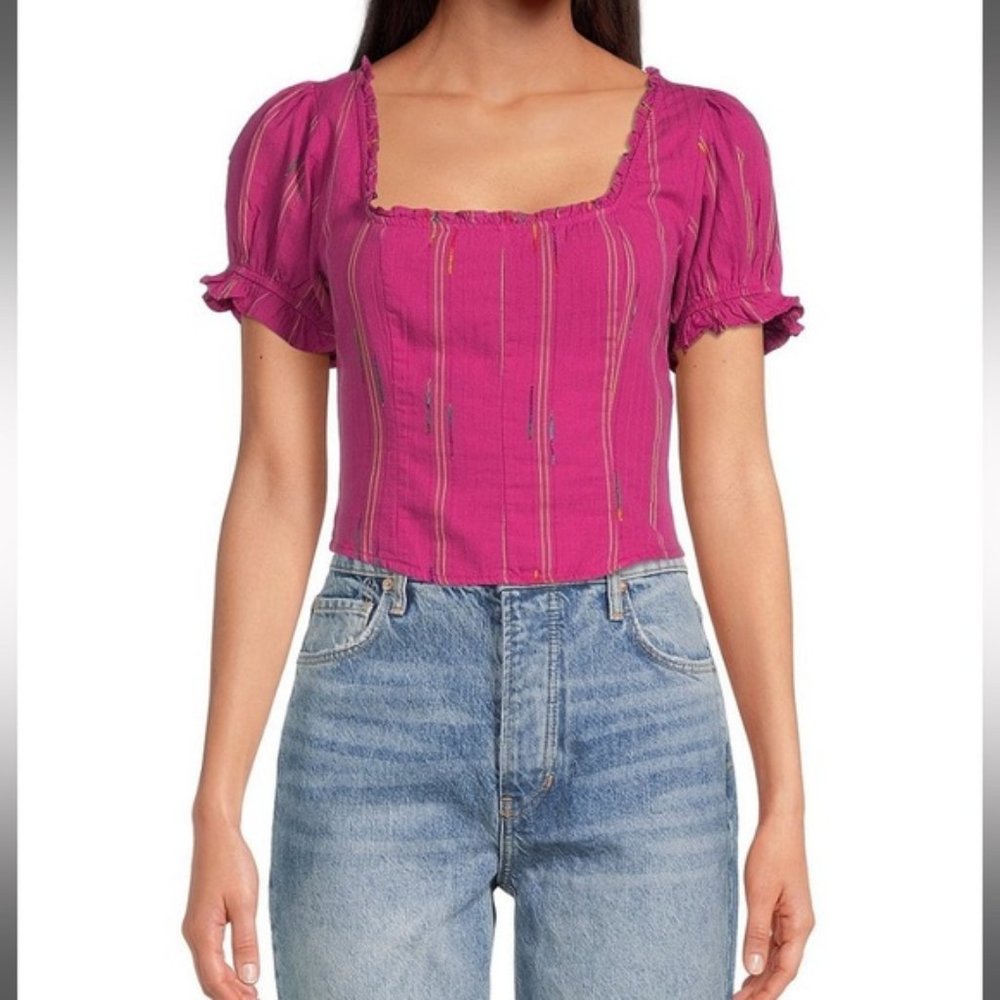 NWT Free People Seatonin Corset Square Neck Puff Sleeve Stripe Smocked Tie Back